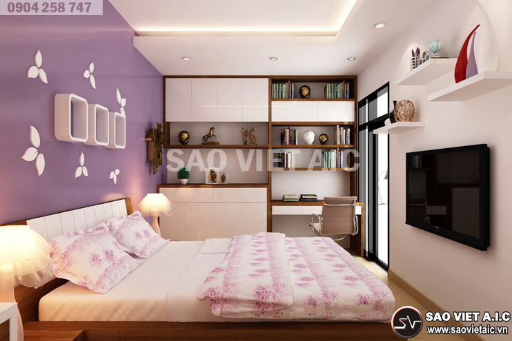 Phòng ngủ con gái được thiết kế với gam màu hồng chủ đạo tạo nên không gian sống mộng mơ, hiện đại và trẻ trung cho căn phòng