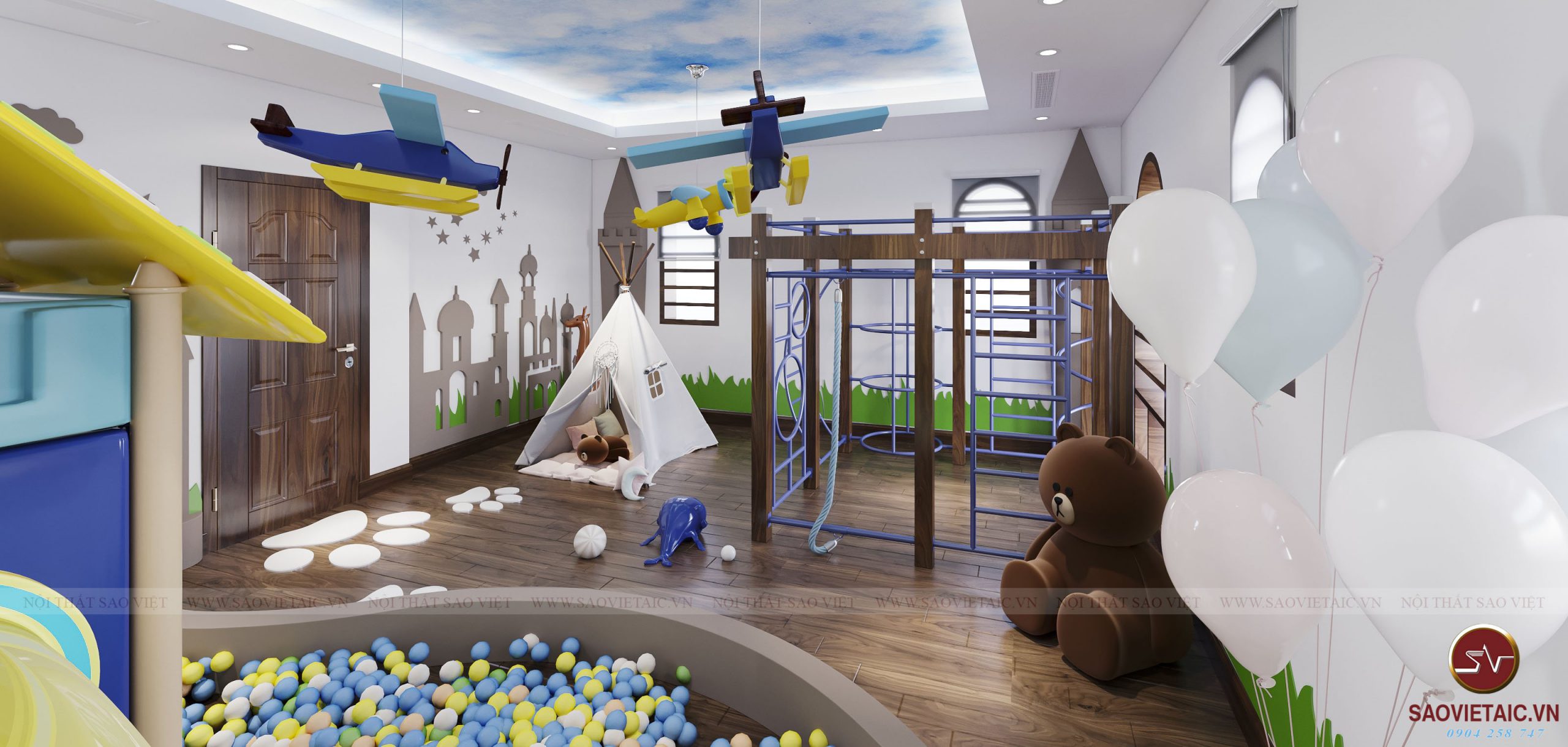 Thiết kế khu vui chơi cho bé ngay trong căn biệt thự gỗ óc chó siêu sang