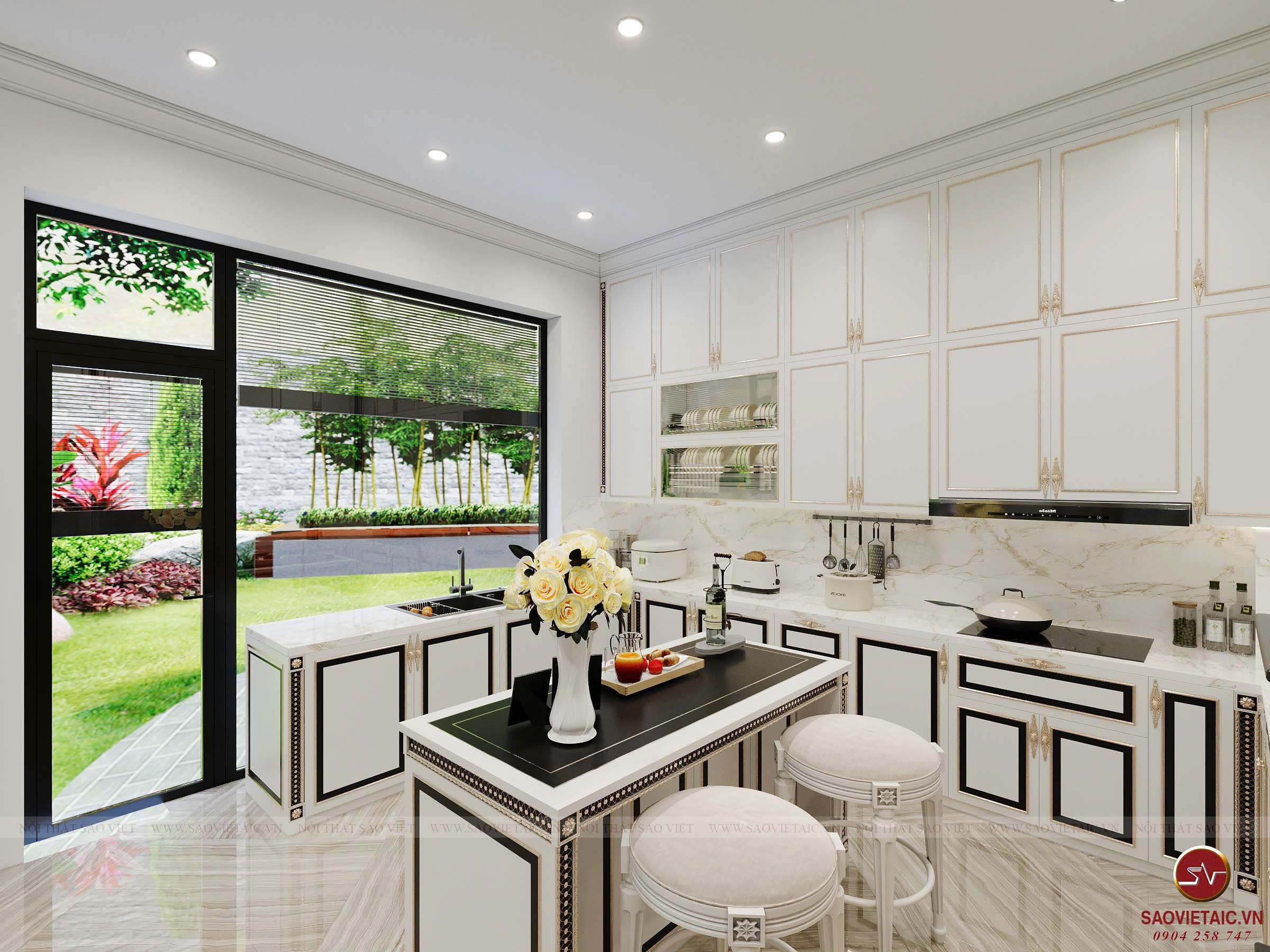 Khu vực bếp được thiết kế với hệ tủ cao sát trần nhằm khai thác tối đa diện tích lưu trữ